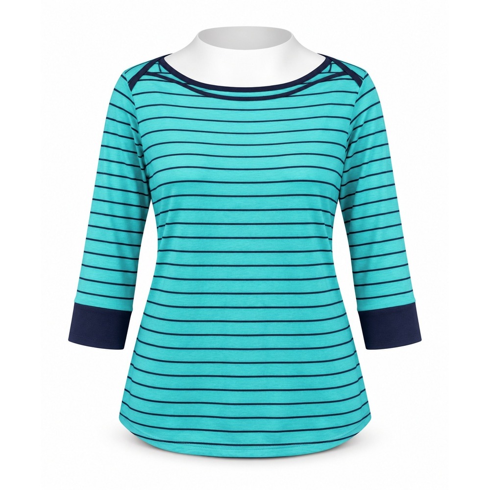 Liz Claiborne Woman 2X Turquoise Navy Striped Boat Neck Top Button Cuff